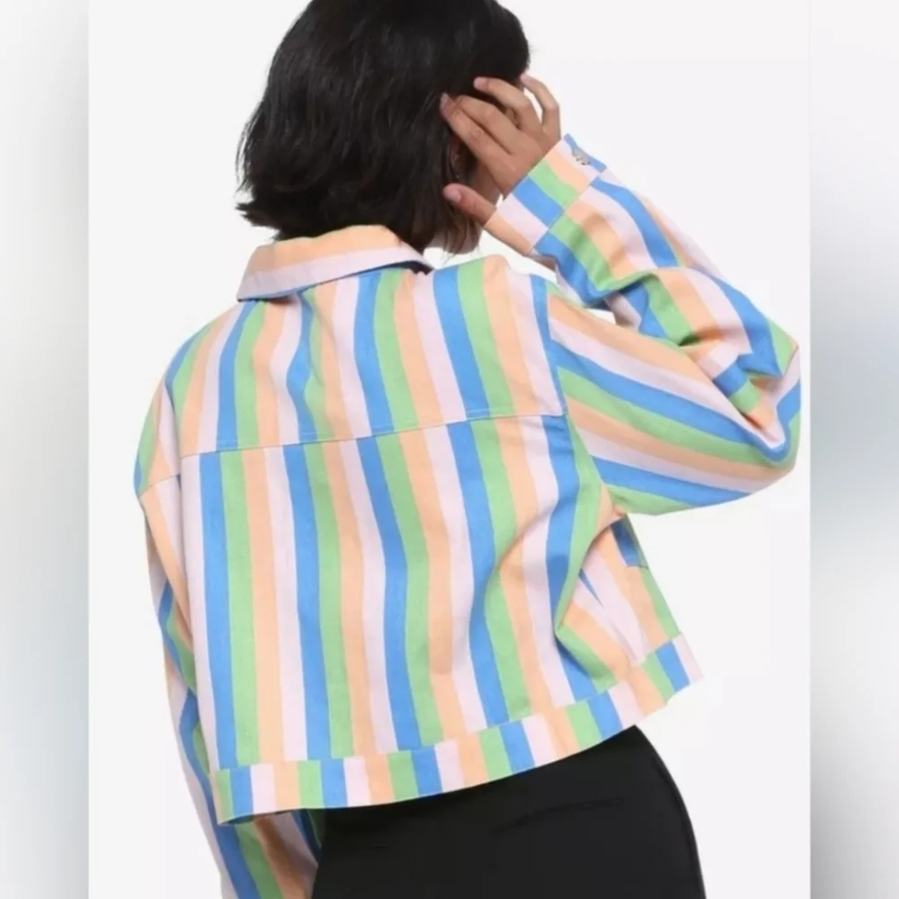 DAISY STREET CROPPED MULTI COLOR STRIPE ALL COTTON TRUCKER JACKET SIZE MEDIUM - Picture 2 of 12